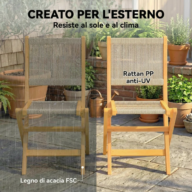 Outsunny Set di 2 Sedie Pieghevoli da Giardino in Rattan PE e Legno di Acacia, Supporto fino a 160 kg, Beige