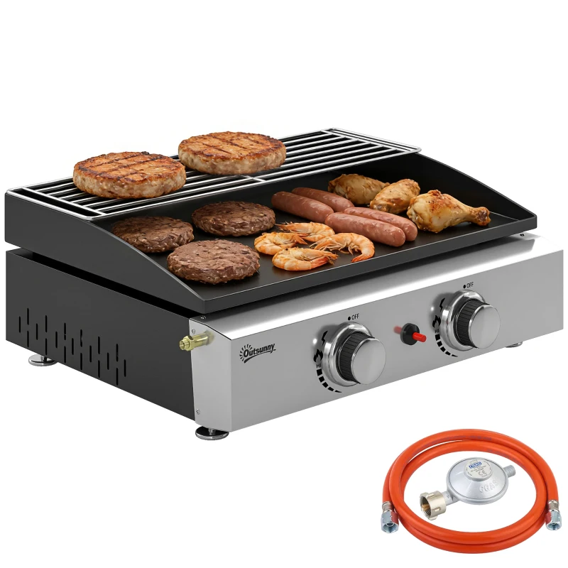 Outsunny Barbacoa de Gas con 2 Quemadores 5 kW Barbacoa Portátil con Plancha Rejilla Calentadora y Recogedor Grasa Negro