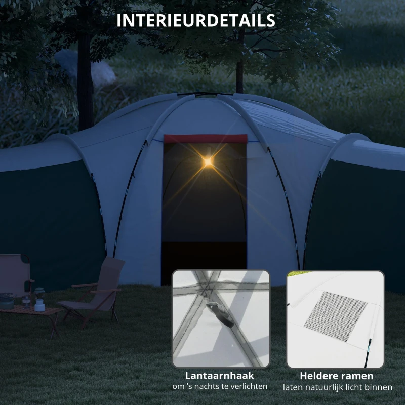 Outsunny Kampeertent voor 6-9 Personen, 4 Kamers, Voortent, Waterdicht, 615x615x225cm, Groen