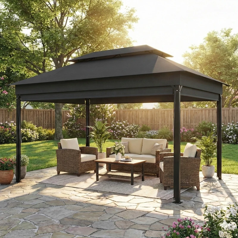 Outsunny Gazebo da Giardino 4x3 m con Tende Laterali, Doppio Tetto, Fori di Drenaggio, Grigio Scuro