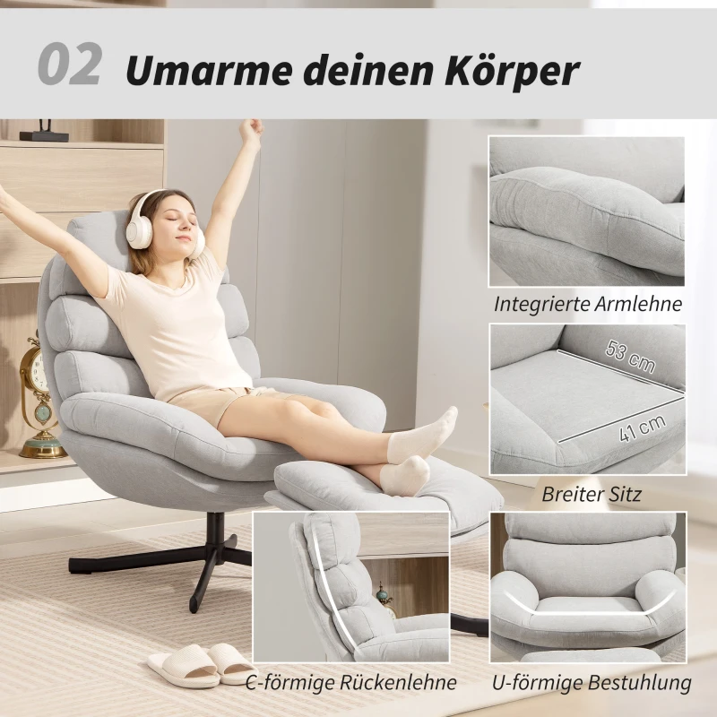 HOMCOM Relaxsessel mit Hocker Sessel Loungesessel mit Chenille-Stoff, Modern Fernsehsessel, 78 x 93 x 100 cm, Cremeweiß
