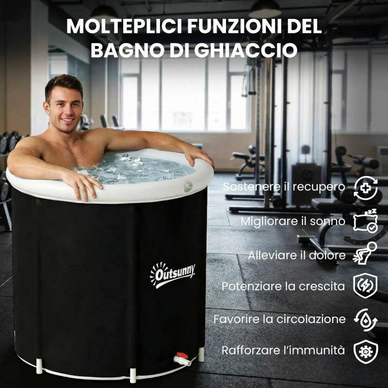 Outsunny Vasca di Ghiaccio da 280L per Sportivi con Copertura e Pompa, Ø78x71 cm, Nero