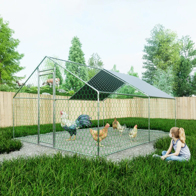 Freilaufgehege für Hühner, verzinkter Stahlrahmen mit Sicherheitsschloss, 303x400x200 cm, Silber