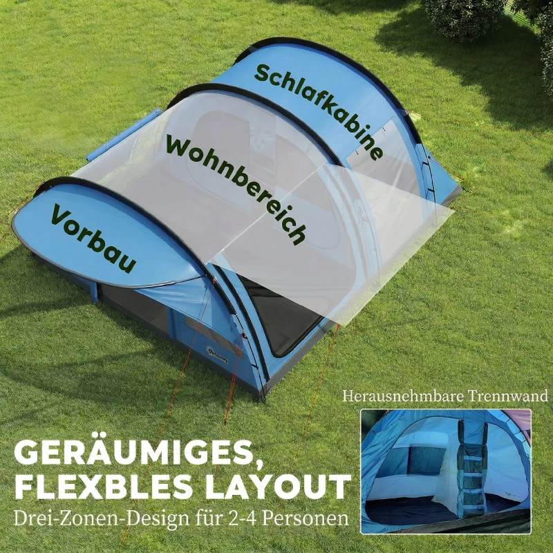 Outsunny Namiot tunelowy 4-osobowy, namiot rodzinny z kabiną sypialną i przedsionkiem, odpinana przegroda, okna, plandeka podłogowa, wysokość stojąca