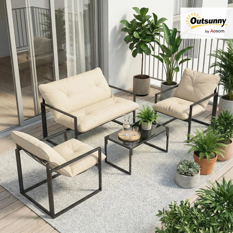 Outsunny Tuinmeubelset met Glazen Tafel, 2 Stoelen, 1 Bank, Weerbestendig, 114 cm x 70 cm x 67 cm, Grijs+Beige
