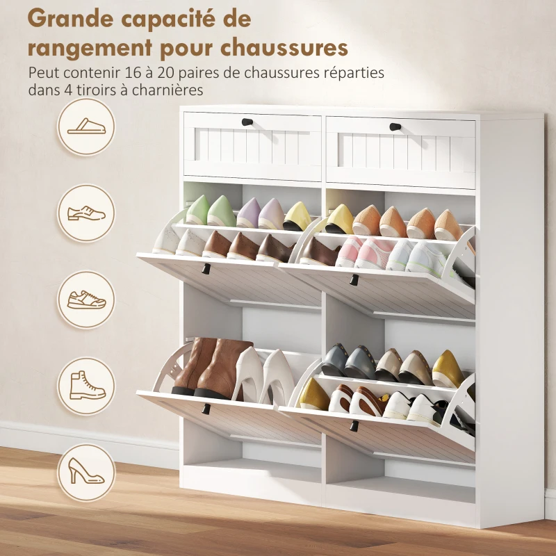 HOMCOM Meuble à chaussures 20 paires, armoire à chaussures étroite avec 4 tiroirs rabattables, 2 compartiments, blanc