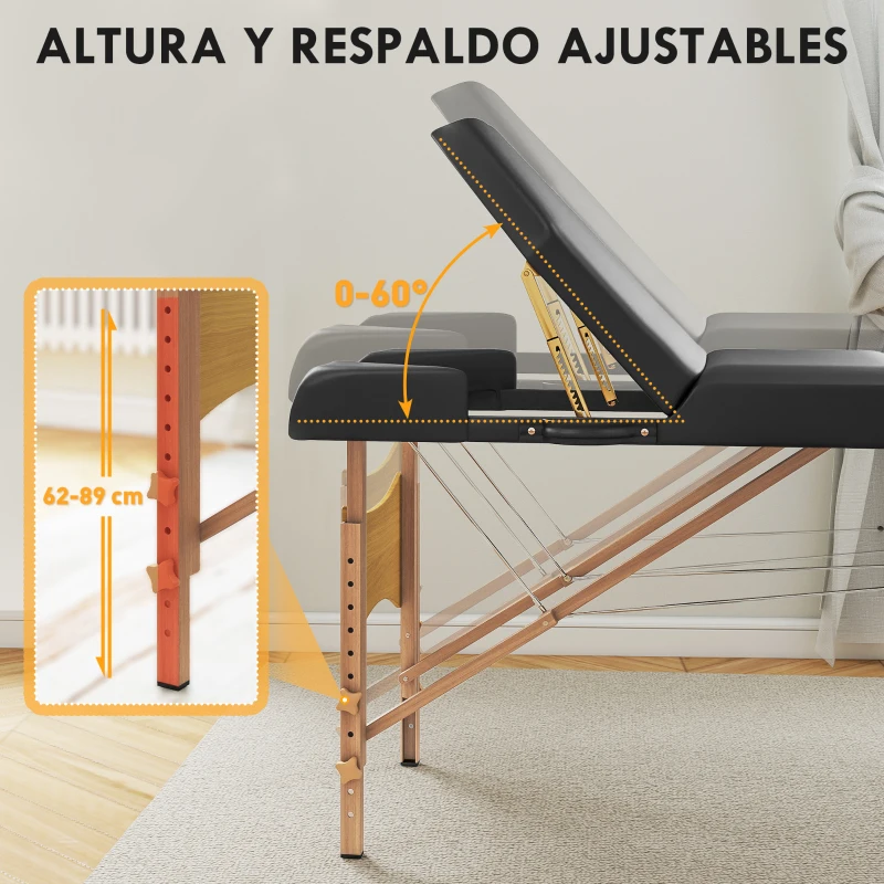 HOMCOM Camilla Masaje Plegable de Madera de 3 Zonas con Altura Ajustable Reposacabezas Reposabrazos 215x60x62-89 cm Negro