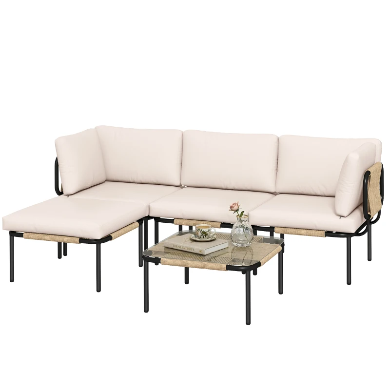 Outsunny Polyrattan Gartenmöbel Set 5-teilig Lounge Set mit 3 Sessel Glastisch Hocker Breit & Tief Sitz abnehmbar Kissen