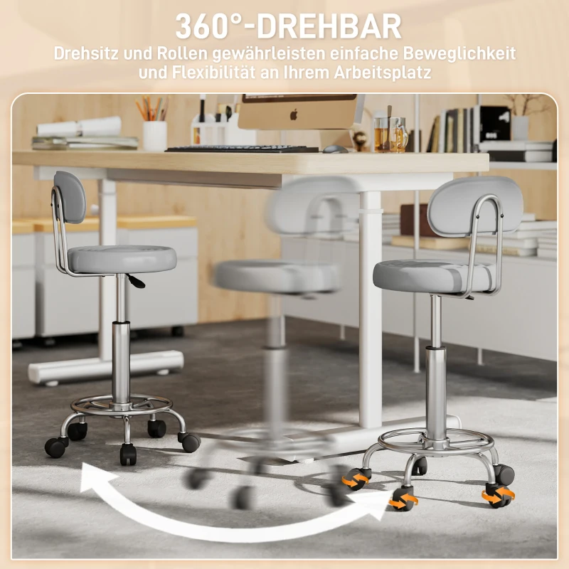 HOMCOM Rollhocker, Drehbarer und verstellbarer Hocker mit Rückenlehne, Kunstlederbezug, Fußstütze, für Frisiertische, Grau