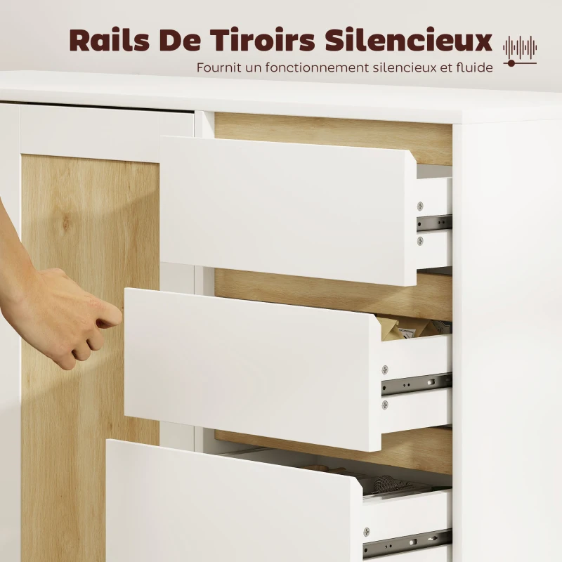 HOMCOM Buffet, meuble de rangement avec 2 portes et 4 tiroirs, étagère réglable, 120 x 40 x 86 cm, blanc et chêne