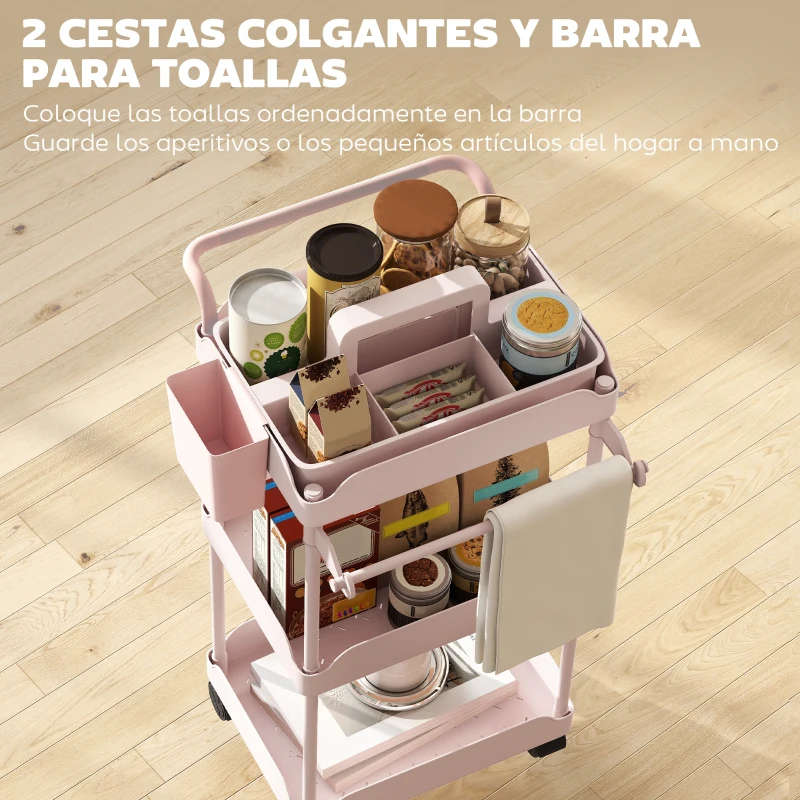 HOMCOM Carrito Auxiliar con Ruedas de 3 Niveles Carrito de Cocina con Cestas Extraíbles y Soporte para Toallas Rosa
