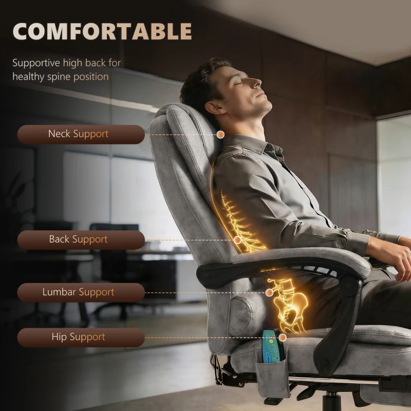 Vinsetto Heated 6 Points Vibration Massage Executive Office Chair, Adjustable Swivel Ergonomic High Back Desk Chair Recliner with Footrest, Grey
