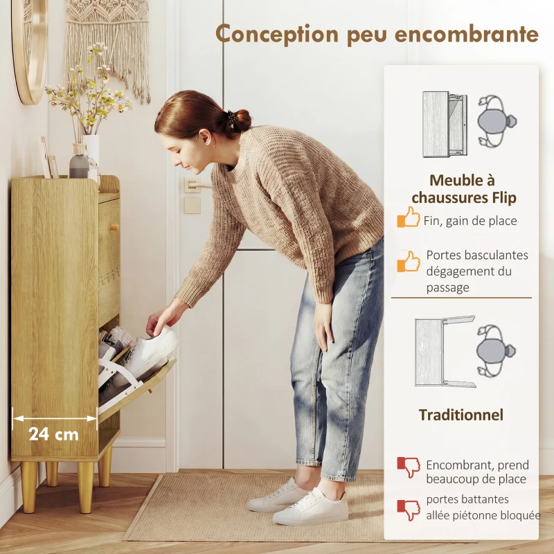 HOMCOM Meuble à chaussures 12 paires, armoire à chaussures étroite, 2 tiroirs rabattables étagères réglables, 60x24x92cm, chêne