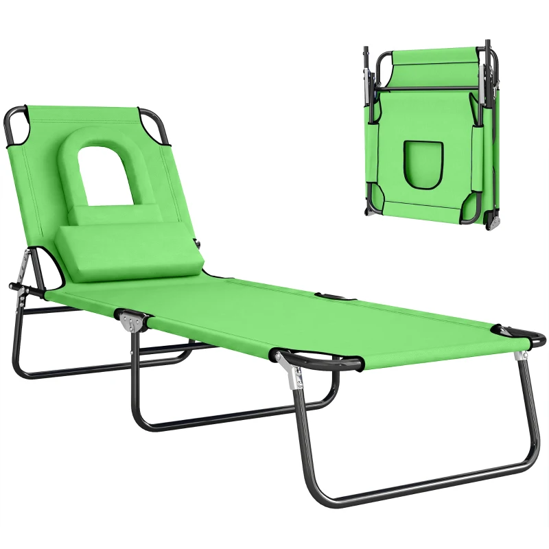Outsunny Folding Sun Lounger with Face Hole, 4-Position Adjustable Backrest Garden Recliner Chair Sunbed, Outdoor Lounge Chair with 600 D Oxford Cloth Seat, Pillow for Beach, Green