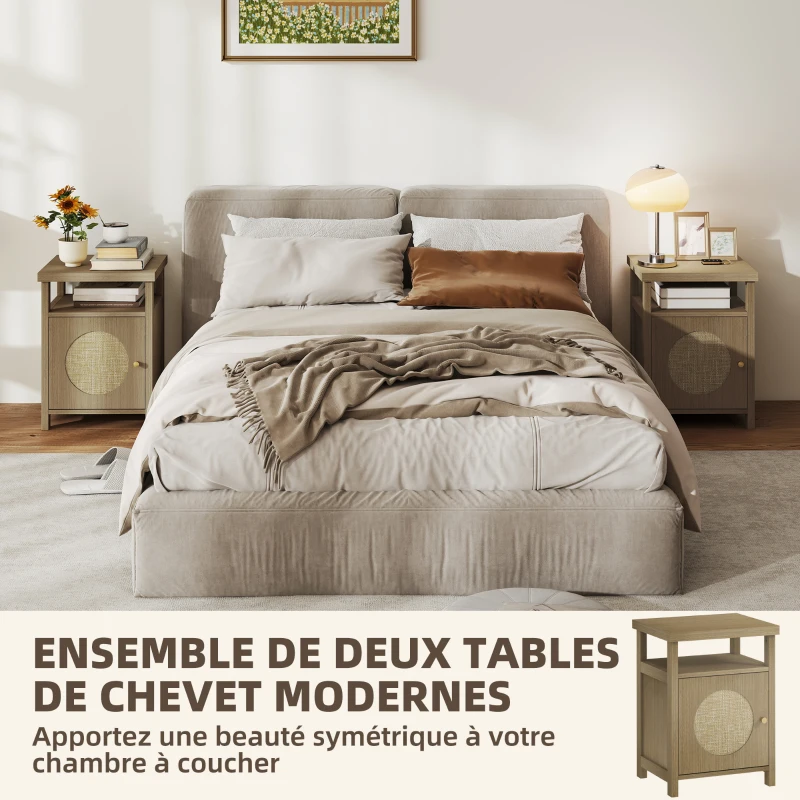 HOMCOM Lot de 2 tables de chevet étroite table d'appoint compartiment ouvert placard finition en rotin, 40 x 35 x 55 cm marron