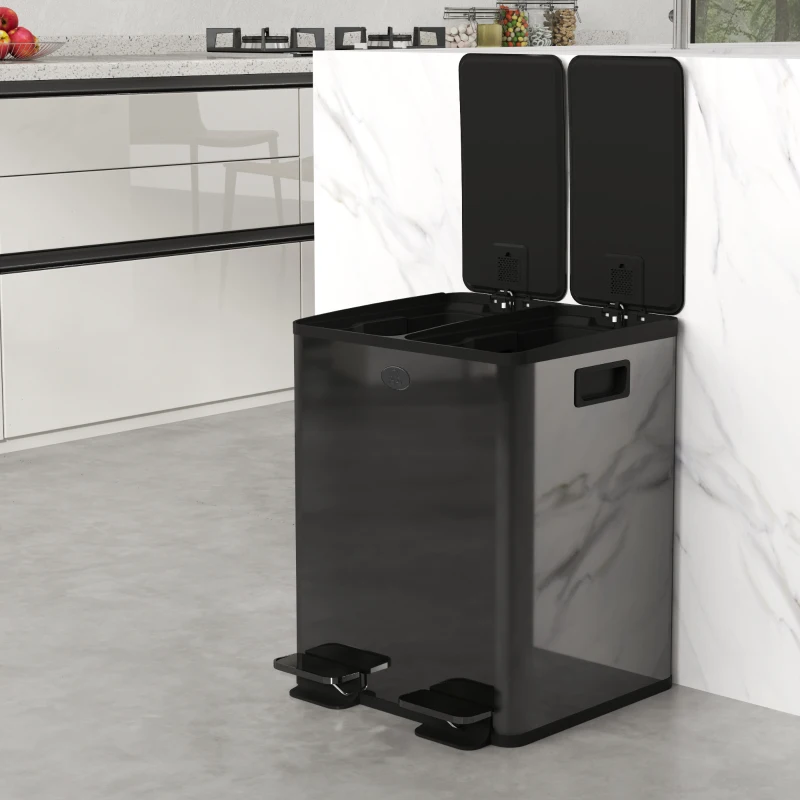 HOMCOM 2 x 20 L Doppelmülleimer, Pedalöffnung, leicht zu reinigen, Edelstahl, Kunststoff, Schwarz