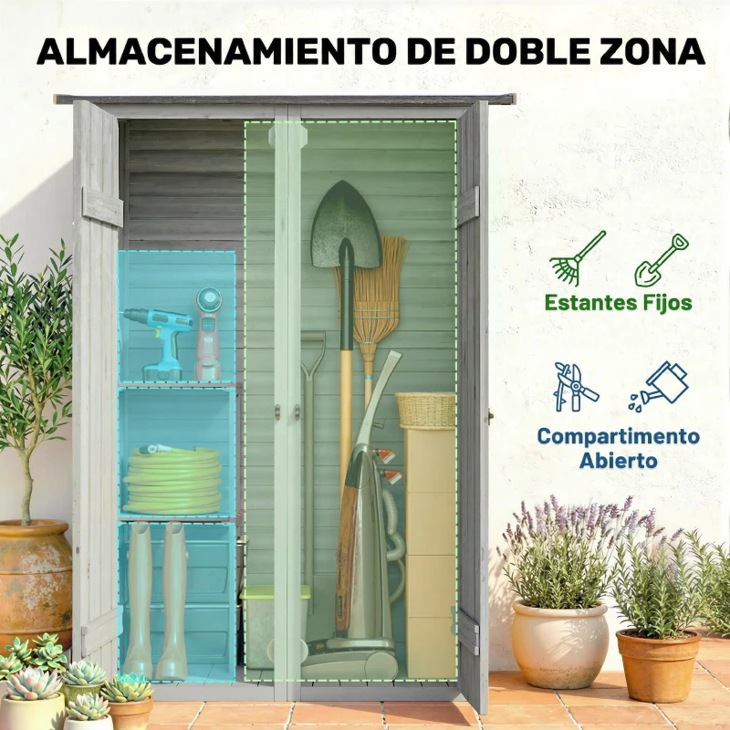 Outsunny Caseta de Jardín de Madera 115x53x156 cm Armario para Herramientas con Puertas Dobles y Estantes Techo Inclinado Gris