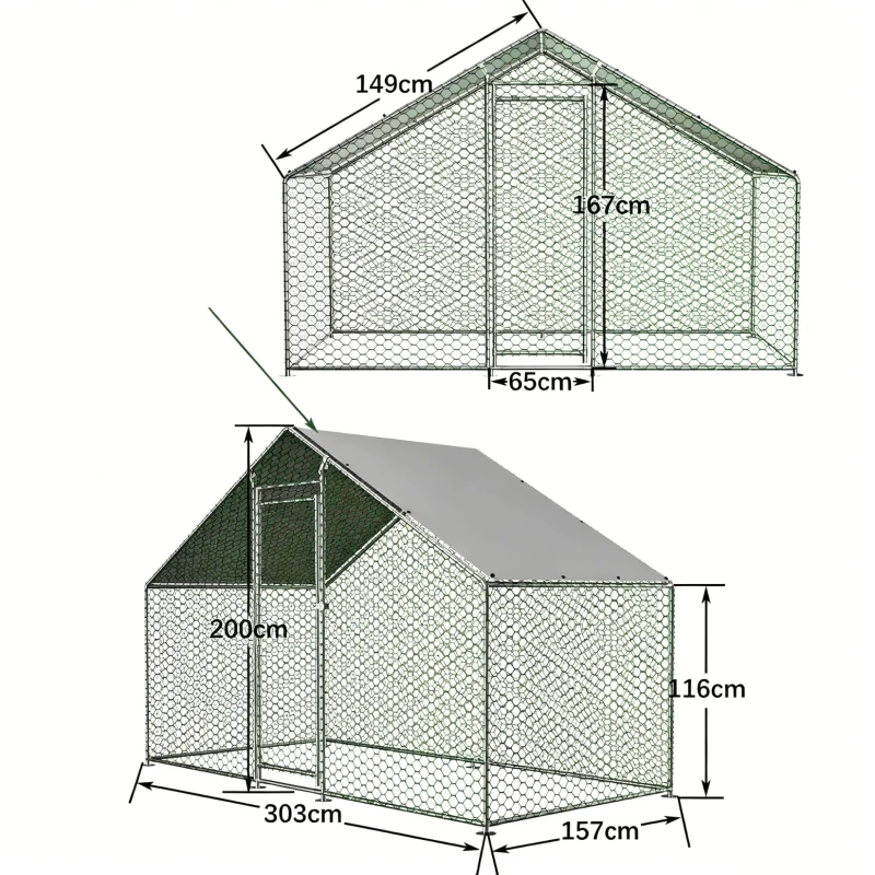 Freilaufgehege Hühnerstall mit Sicherheitsschloss und Wasserdichtes PE-Tuch, für Hühner, Kaninchen und weitere Kleintiere, 303x157x200 cm, Silber