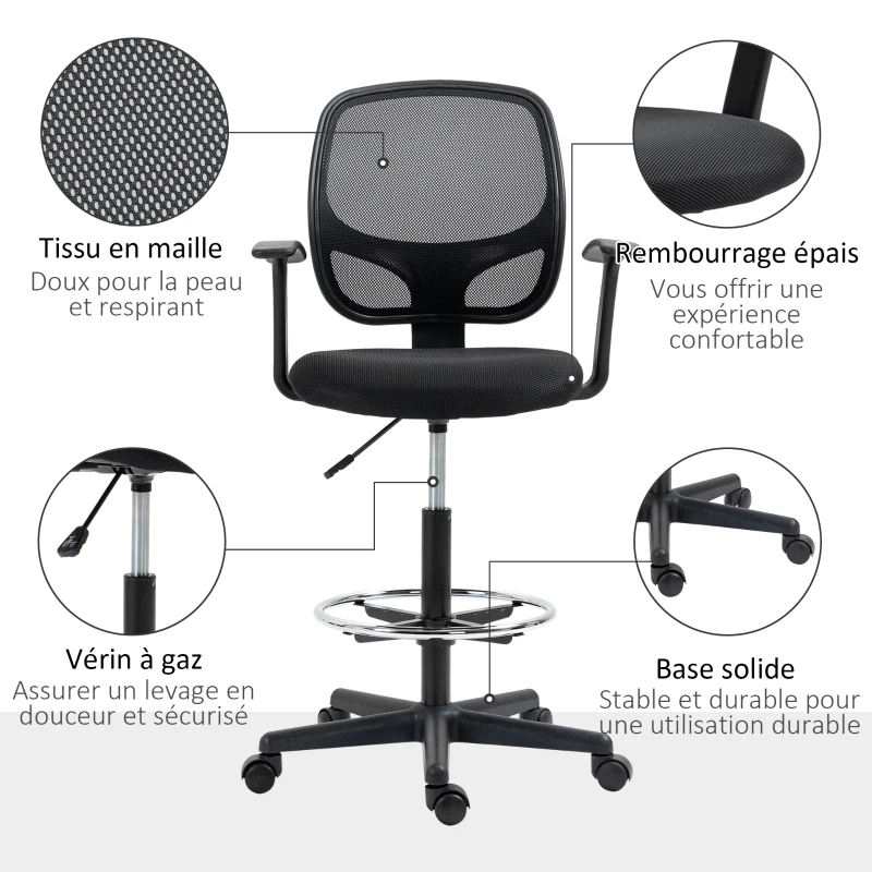 Vinsetto Chaise bureau ergonomique, chaise de dessin, repose-pieds, dossier en maille, hauteur réglable, 60x56x110-132cm, noir
