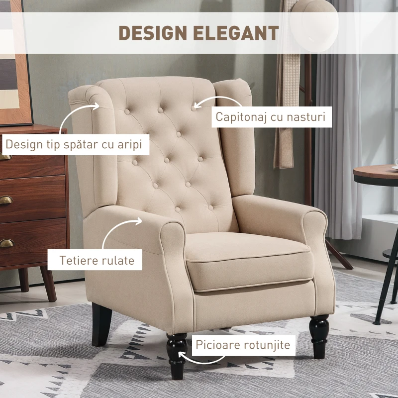 HOMCOM Fotoliu pentru Living în Stil Franțuzesc cu Șezut Tapițat și Perne din Catifea de Gheață, 74x86x102 cm, Bej