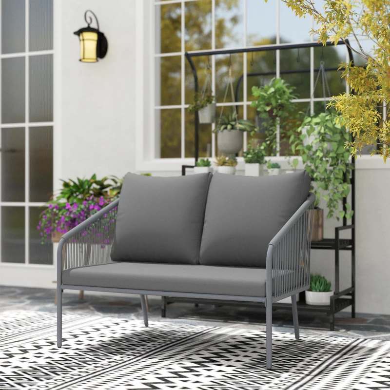 Outsunny Tuinbank met Kussens 2-Zits Rattan Sofa Lounge Sofa voor Buiten - Balkon Sofa 112 x 72 x 76 cm Grijs