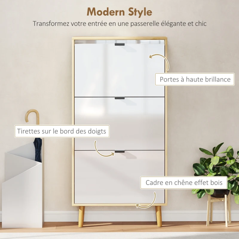 HOMCOM Meuble à chaussures, armoire à chaussures étroite, 3 tiroirs rabattables, porte haute brillante, 60x24x127cm, blanc
