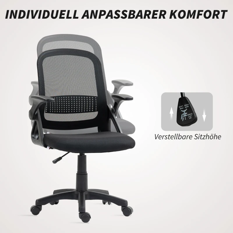HOMCOM Atmungsaktiver Mesh-Bürostuhl, Ergonomischer Drehstuhl mit klappbaren Armlehnen und Lendenwirbelstütze, Schwarz