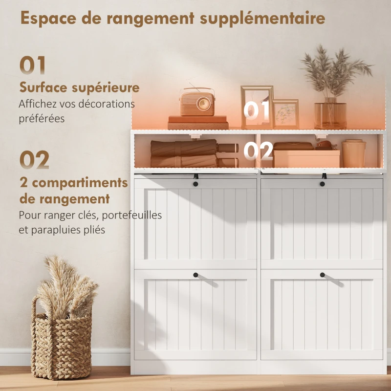 HOMCOM Meuble à chaussures 20 paires, armoire à chaussures étroite avec 4 tiroirs rabattables, 2 compartiments, blanc