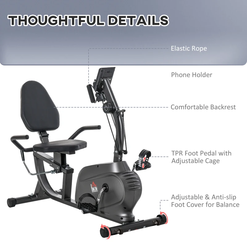 HOMCOM Recumbent Exercise Bike Recovery Exerciser, 8-Level Magnetic Resistance Stationary Bike with Pad Holder, LCD Monitor, for Indoor Cardio Workout, Black(m-7)