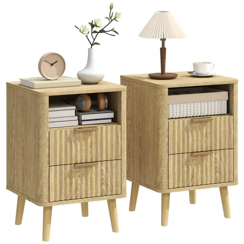 HOMCOM Lot de 2 tables de chevet, tables de nuit avec 2 tiroirs et compartiment ouvert, coins arrondis, 40 x 40 x 61 cm, chêne