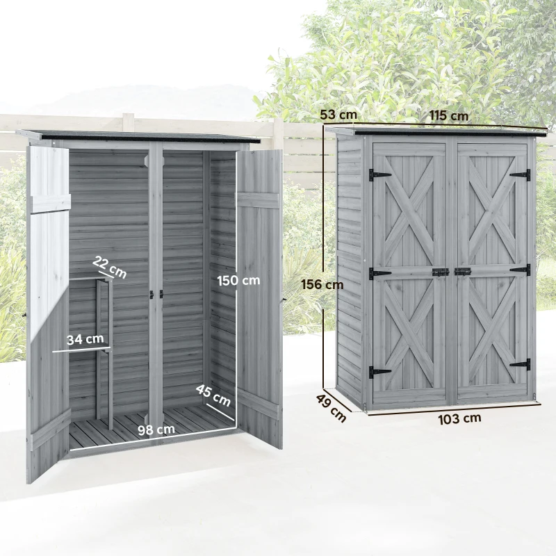 Outsunny Caseta de Jardín de Madera 115x53x156 cm Armario para Herramientas con Puertas Dobles y Estantes Techo Inclinado Gris
