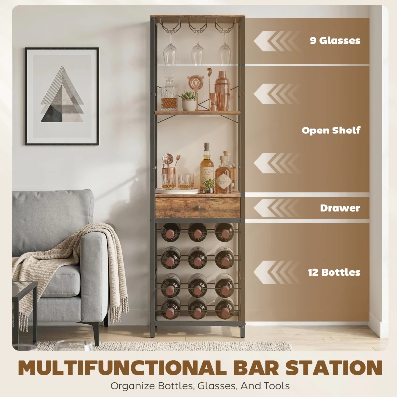 HOMCOM Szafka barowa z szufladą, industrialny barek, stojak na wino na 12 butelek, uchwyt na kieliszki, rustykalny brąz