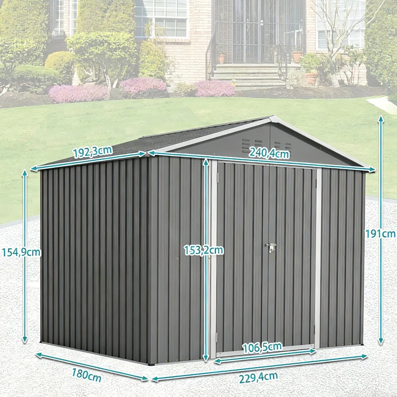 Metall-Gartenschuppen, breite Doppeltür, für Gartengeräte und Werkzeugaufbewahrung, 229x180x191 cm, Anthrazit