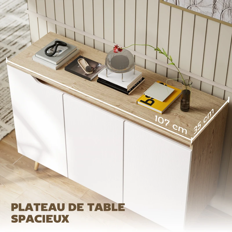 HOMCOM Buffet salon, meuble de rangement, 3 portes, étagères réglables et pieds en bois d'hévéa, 107x35x76,5cm, blanc et chêne