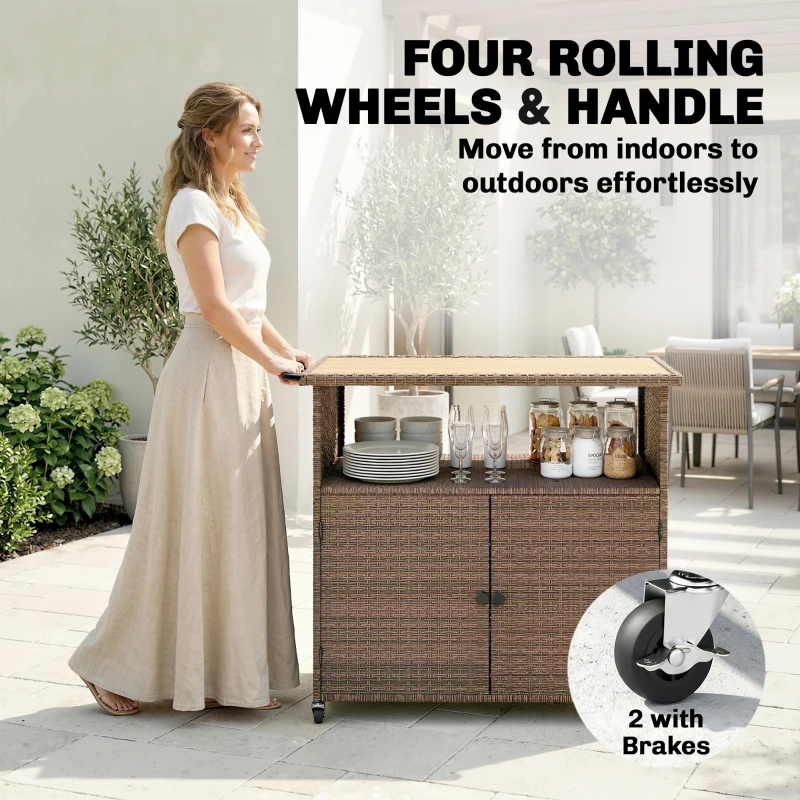 Outsunny Wózek serwisowy Rattanowy wózek kuchenny z FSC certyfikowaną powierzchnią eukaliptusową, półką, kółkami i uchwytem bocznym 95 x 54 x 84 cm