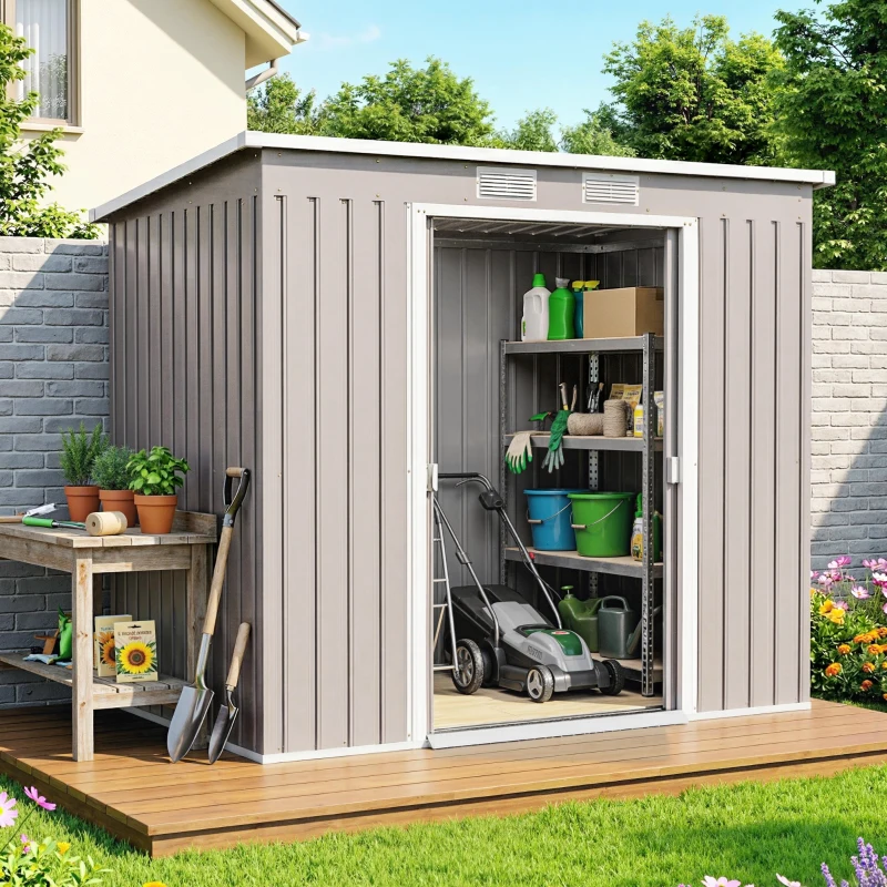 Outsunny 7 x 4ft Galvanised Steel Garden Shed, with Foundation Kit - Grey