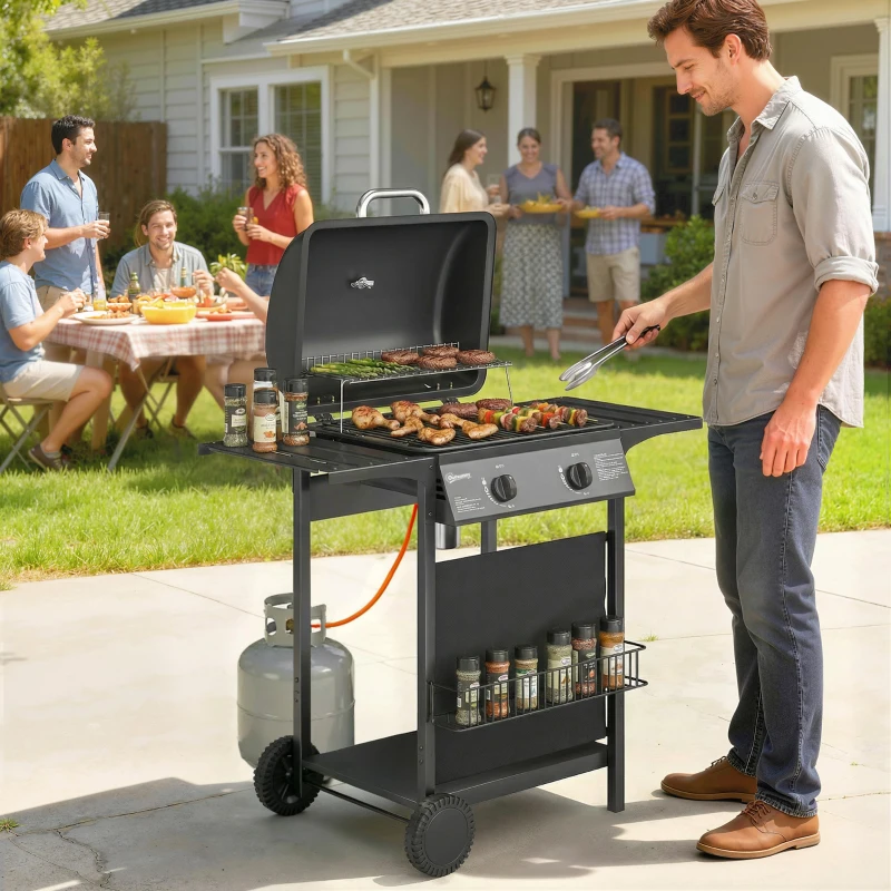 Outsunny Barbecue a Gás BBQ com 2 Queimadores de 5 kW Termómetro Mesas Laterais Prateleira Grelha de Aquecimento 2 Rodas Preto