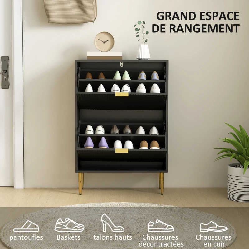 HOMCOM Meuble à chaussures 12 paires avec 2 tiroirs rabattables, portes cannelées et étagères réglables, 60x24x91,5cm, noir