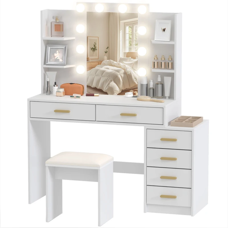 HOMCOM Schminktisch mit beleuchtetem Spiegel und gepolstertem Hocker, Schminkset mit 6 Schubladen und Ablagen, Weiß