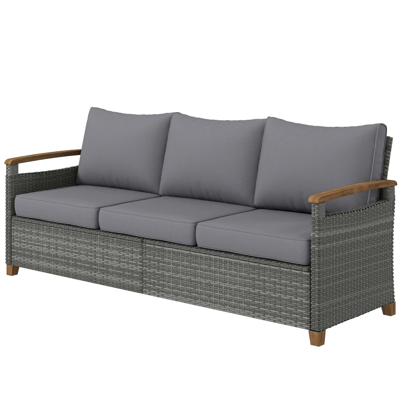 Outsunny 3 Seater Rattan Garden Sofa, PE Wicker Outdoor Sofa Wide Deep Seat, 4" Cushions, Wood-Effect Armrests Legs, Dark Grey