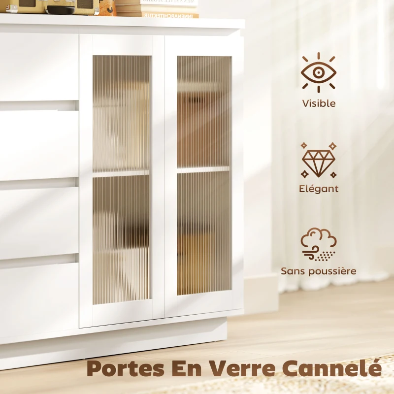 HOMCOM Buffet salon, meuble de rangement avec 4 tiroirs et 2 portes en verre trempé, étagère réglable, 120 x 40 x 91 cm, blanc