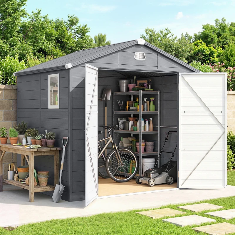 Outsunny 4 x 3ft Plastic Garden Storage Shed - Foundation Kit Included, Polypropylene Outdoor Storage Tool House with Ventilation Slots and Lockable Door, Grey