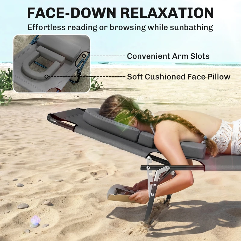 Outsunny Leżanka z otworem na twarz i poduszką, składana, z wodoodpornym pokrowcem, metalowa rama, ciemnoszara