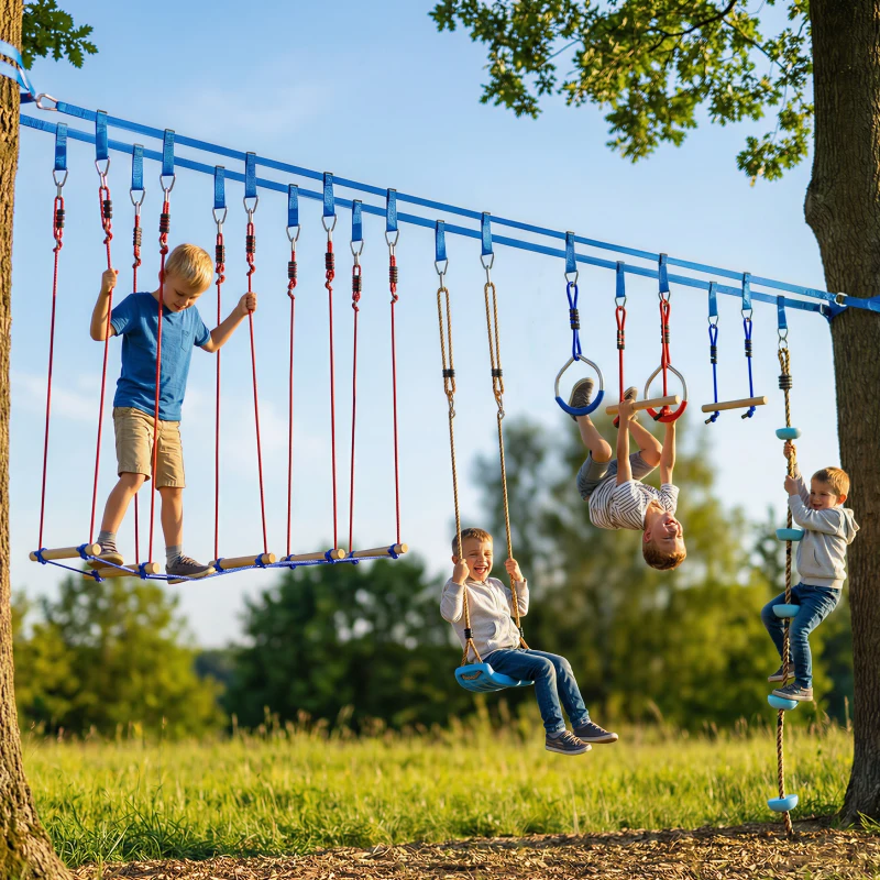 AIYAPLAY Ninja Line dla dzieci, zestaw 24 m Slackline z pierścieniami gimnastycznymi, 7 przeszkodami, mostem do balansowania, dla dzieci w wieku 3-6 lat, czerwony+niebieski