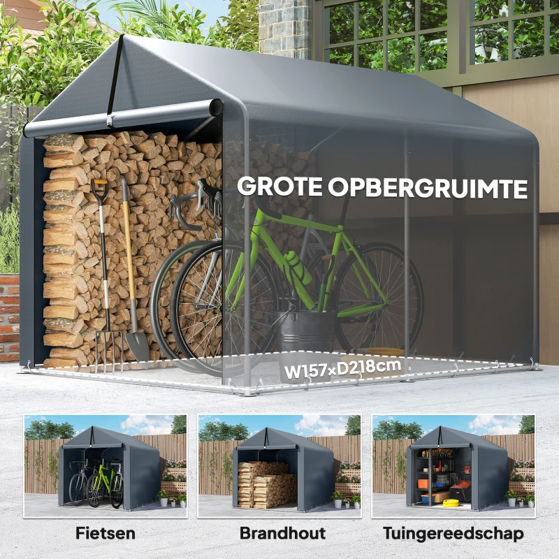 Outsunny Garagetent 2,2 x 1,6 m Waterdicht Bergingstent met Oprolbare Deur Zadeldak Stalen Frame, UV-bestendig Donkergrijs