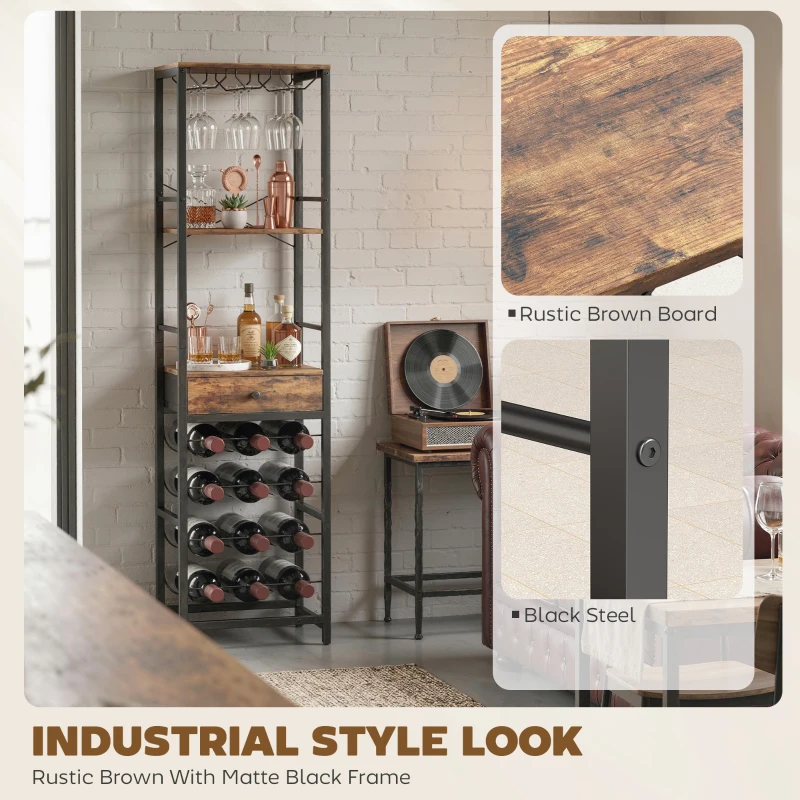 HOMCOM Szafka barowa z szufladą, industrialny barek, stojak na wino na 12 butelek, uchwyt na kieliszki, rustykalny brąz
