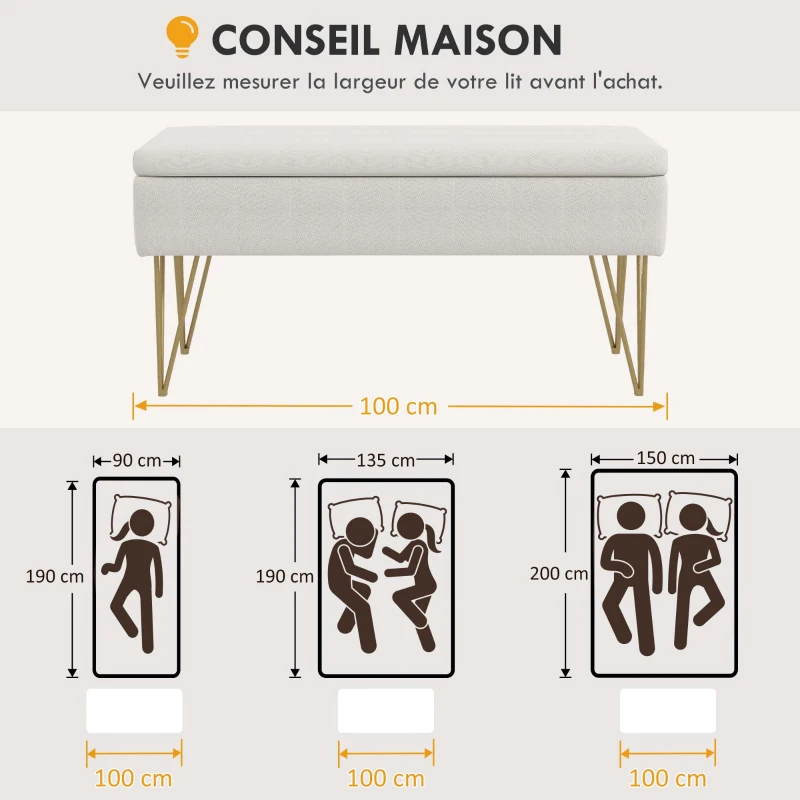 HOMCOM Banc banquette coffre de rangement 2 en 1 en tissu avec pieds épingle en acier doré 100 x 40 x 49 cm crème