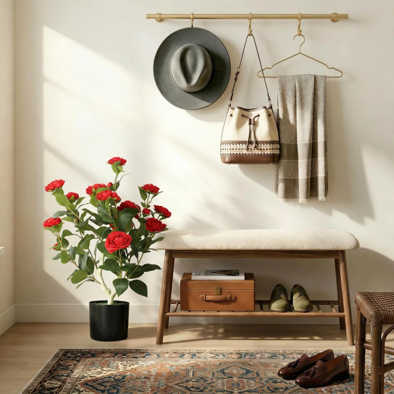 HOMCOM 65cm Artificial Camellia Flower Plant in Pot with 116 Lush Leaves & Moss Effect, Red