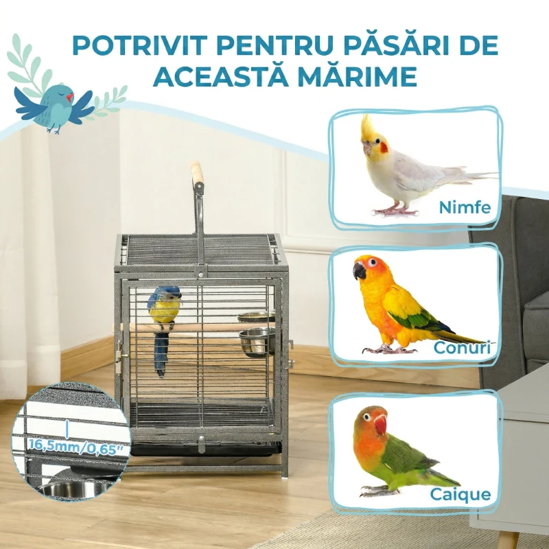 PawHut Colivie pentru papagali cu tavă detașabilă, boluri din oțel inoxidabil și 2 stinghii, 48x38x65cm neagră