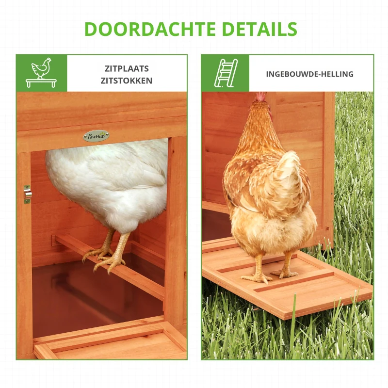 PawHut Kippenhok Kippenhuis van hout met nestkast 2 zitstokken loopplank venster waterdicht dak 113,5x67,5x95,5 cm Oranje